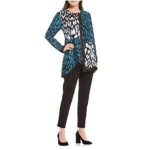 MING WANG  Crinkle Asymmetric Jacket Animal Print Black /White/Blue Sz M